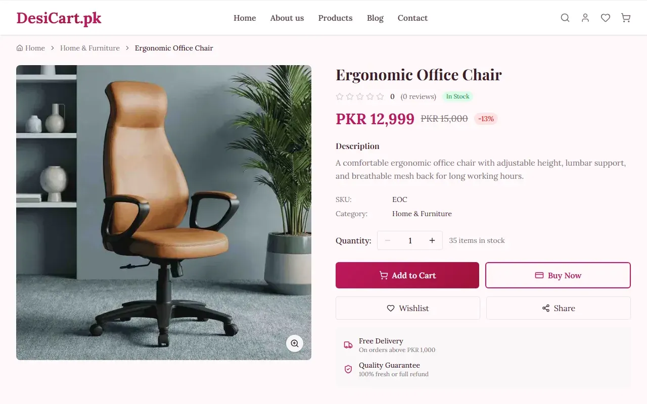 A product page in the DesiCart store with price, stock and buy buttons