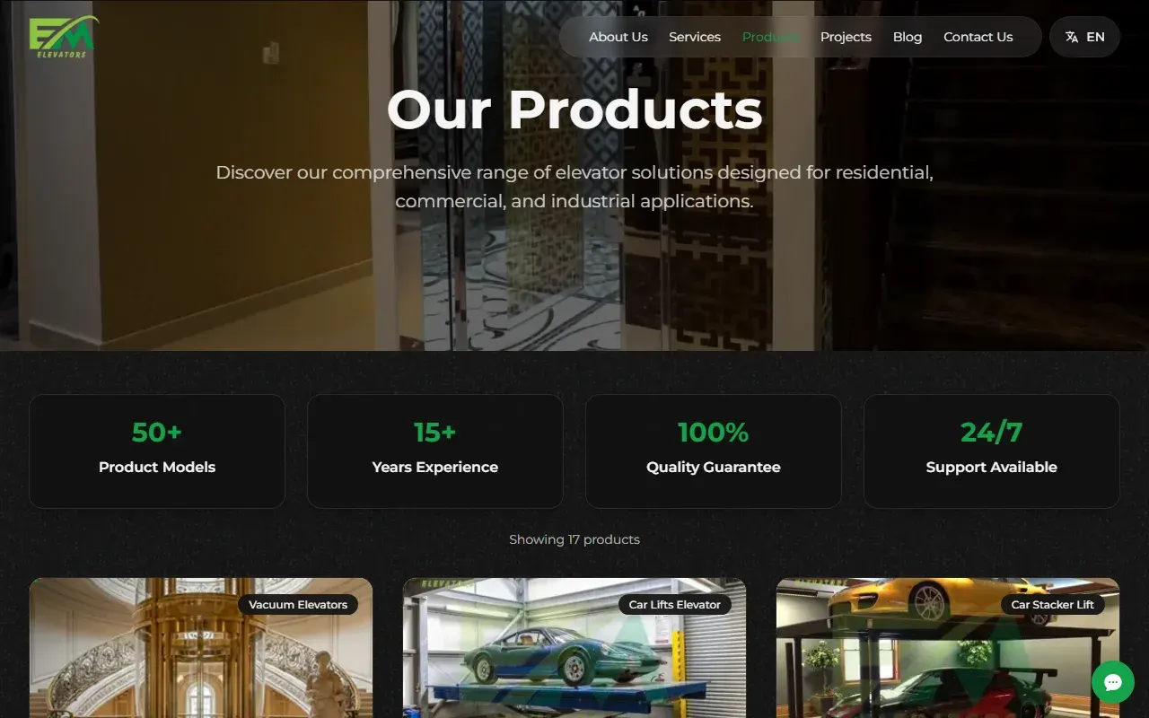 Product range page with cards for vacuum elevators, car lifts and car stacker lifts