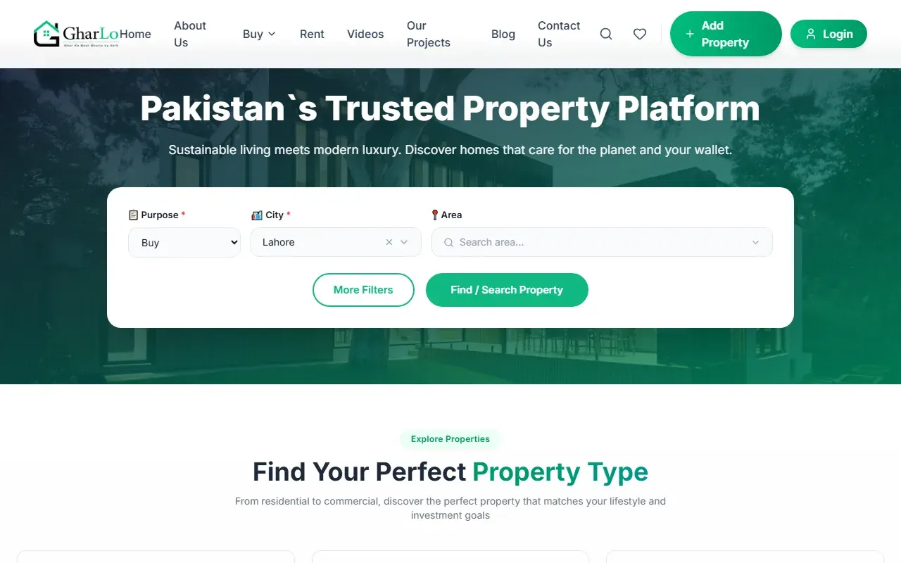 Gharlo property portal home page with property search