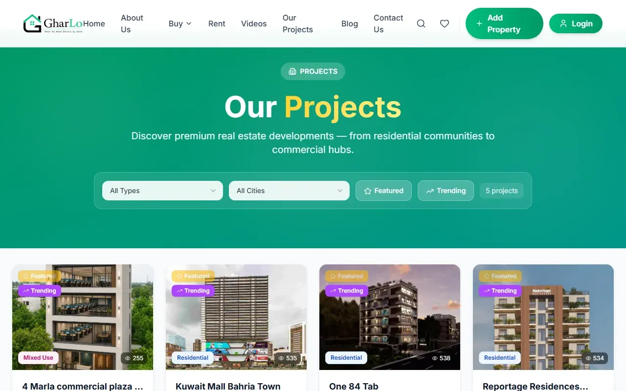 Gharlo new projects page listing property developments