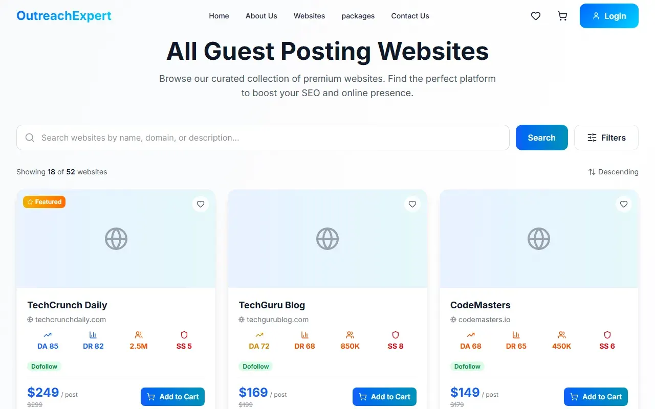 Outreach Expert website catalogue filtered by category and country