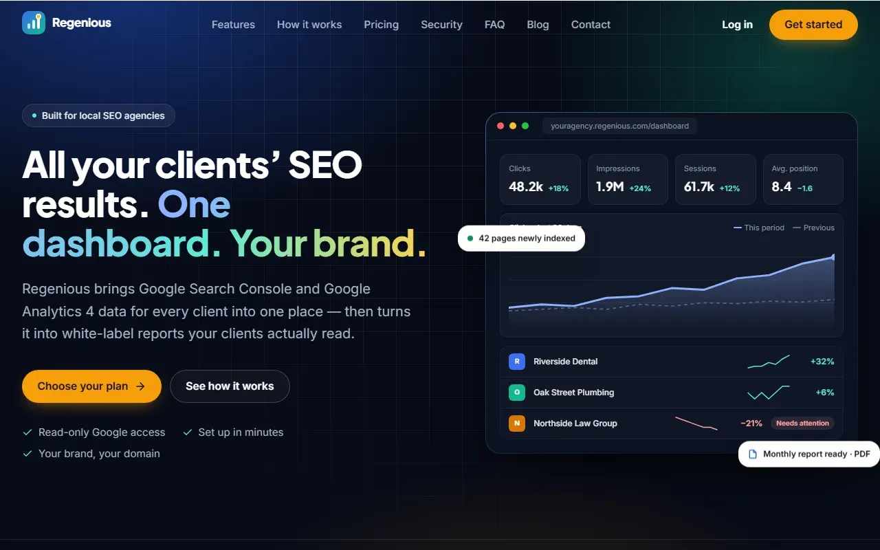 Regenious home page, our SEO reporting SaaS for agencies