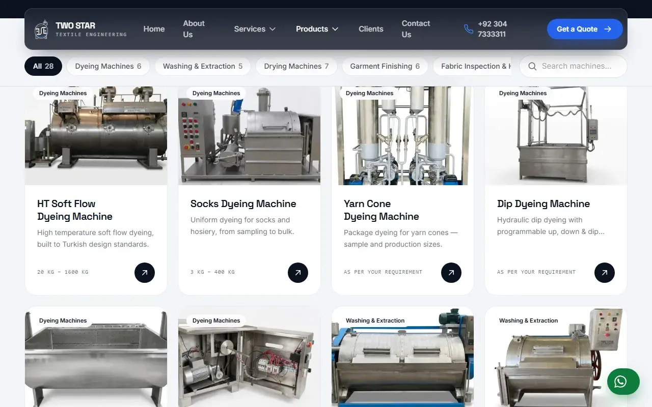 Machine catalogue with category filters and machine cards