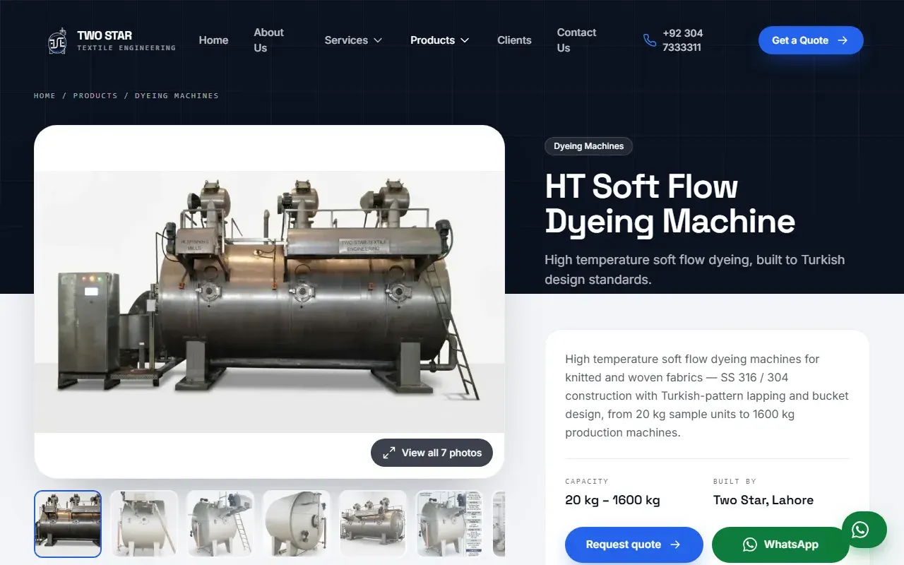 Machine detail page with photo gallery, features and specification table