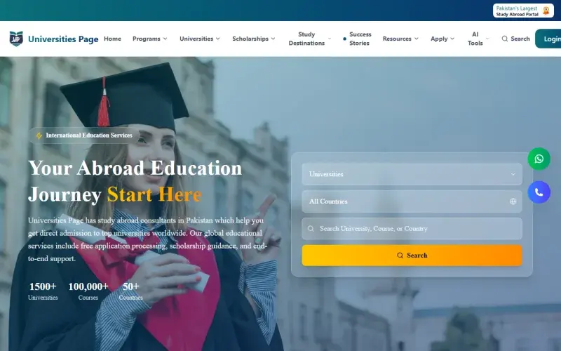 Universities Page: A study abroad portal with separate logins for students and consultants, online applications and AI-assisted tools