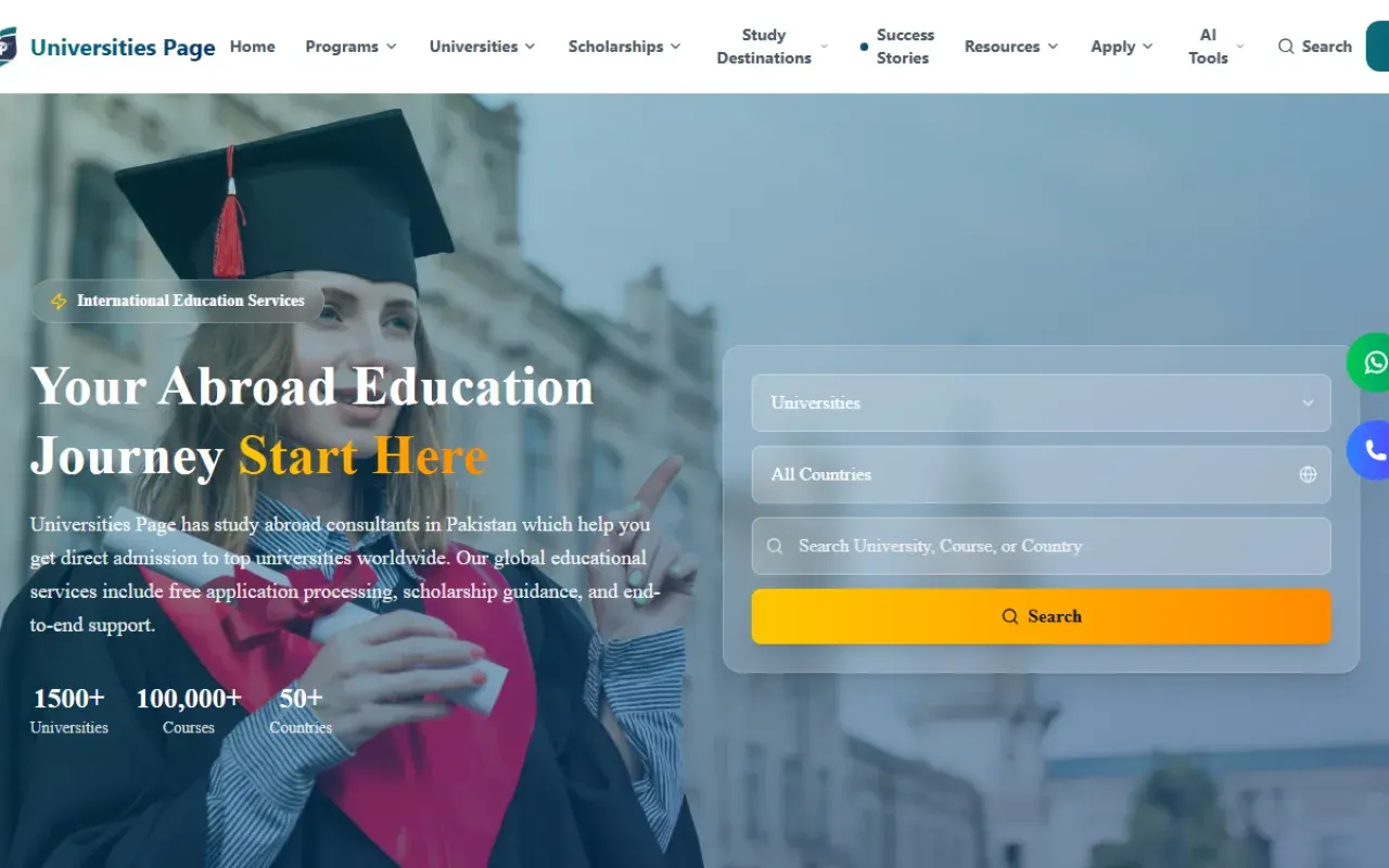 Universities Page home page with university and course search